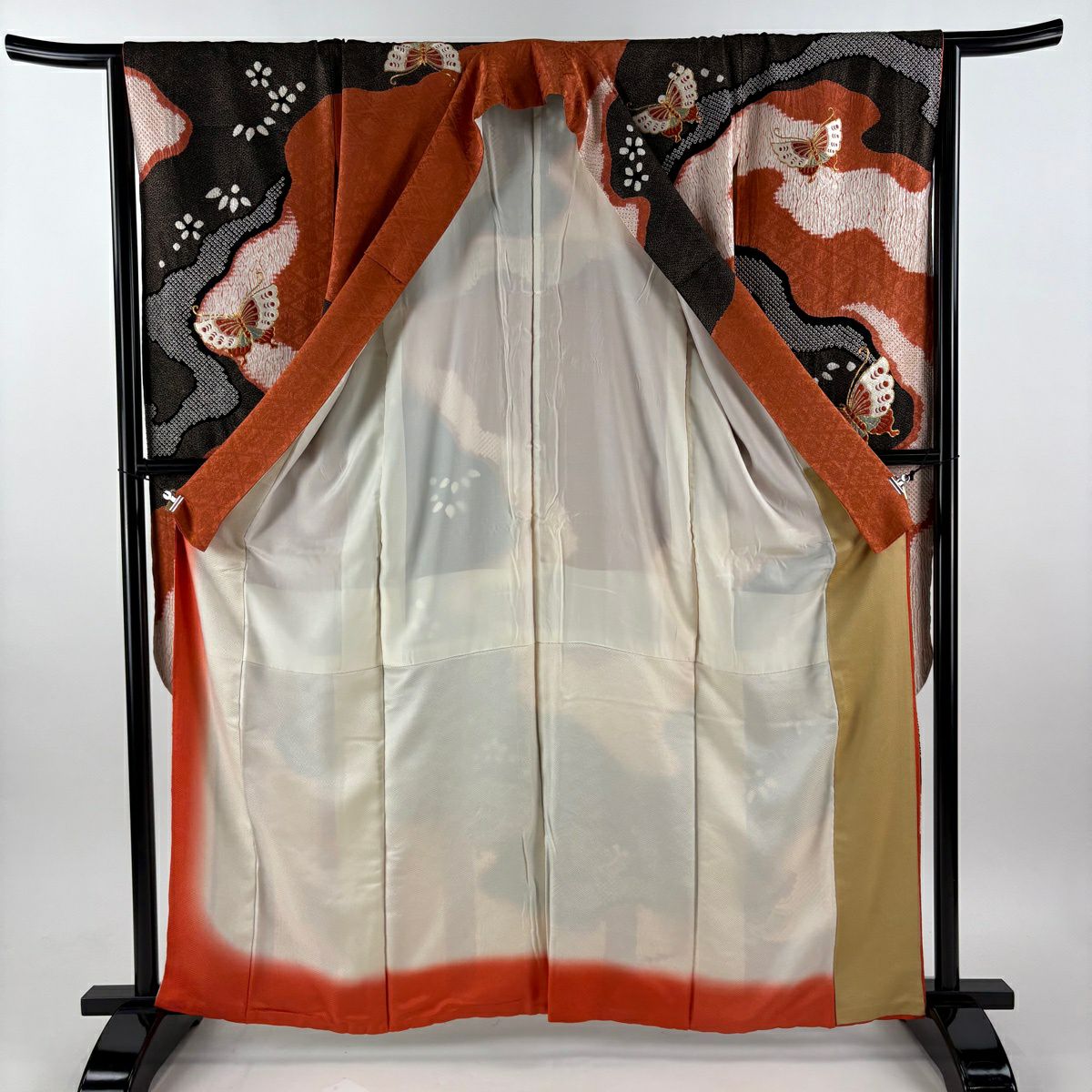【美品】振袖禮服 身長162.5cm 袖長64cm M 雙層 蝶 梅花 絞染 刺繡 朱 純蠶絲 秀品級