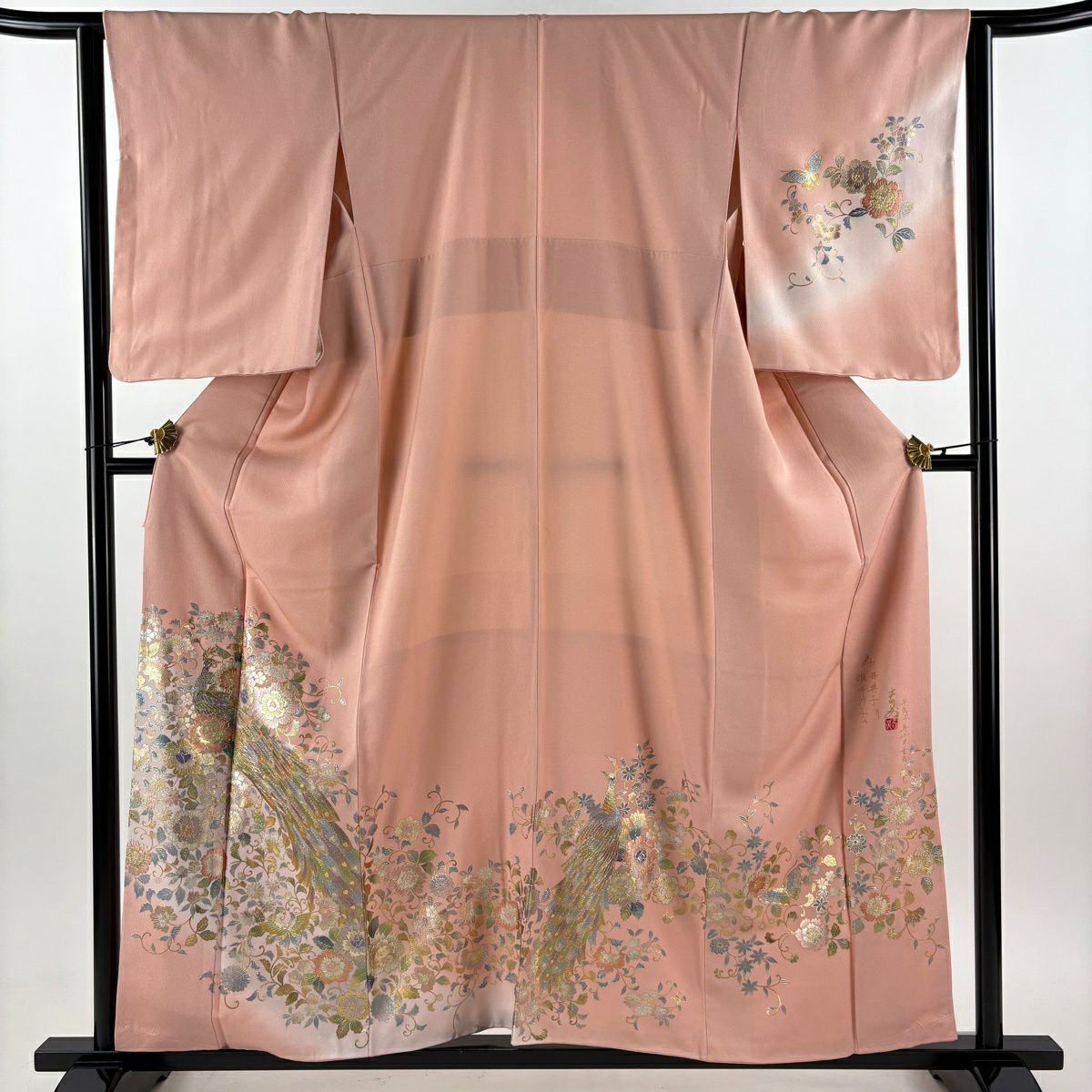 訪問服 身長160cm 袖長63cm S 雙層 落款あり 孔雀 花唐草紋 金銀彩 拉麵 粉米色 純蠶絲 秀品級