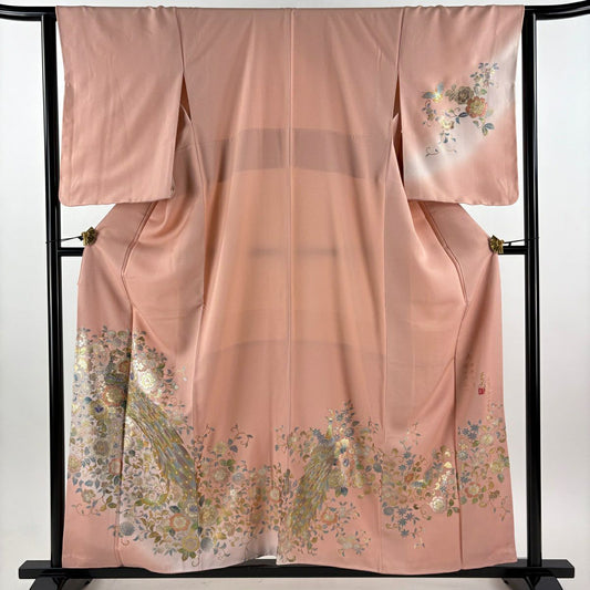 訪問服 身長160cm 袖長63cm S 雙層 落款あり 孔雀 花唐草紋 金銀彩 拉麵 粉米色 純蠶絲 秀品級