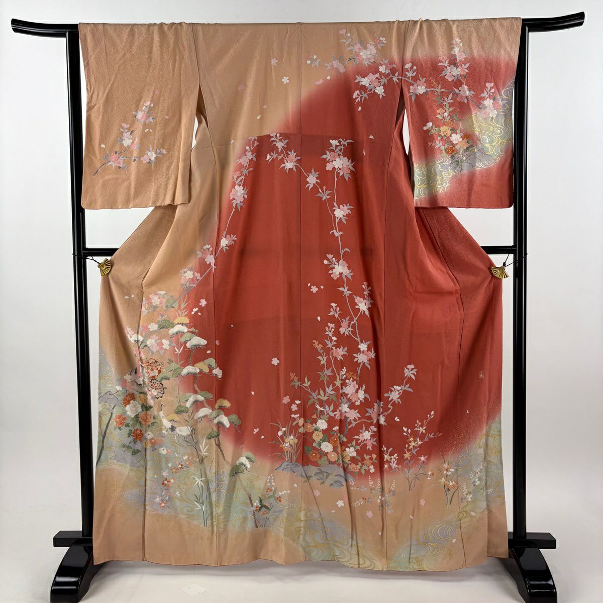 訪問服 身長166cm 袖長65cm M 雙層 落款御所車 松樹 金銀彩 染分 朱 純蠶絲 秀品級