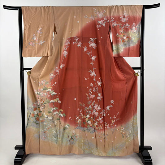 訪問服 身長166cm 袖長65cm M 雙層 落款御所車 松樹 金銀彩 染分 朱 純蠶絲 秀品級