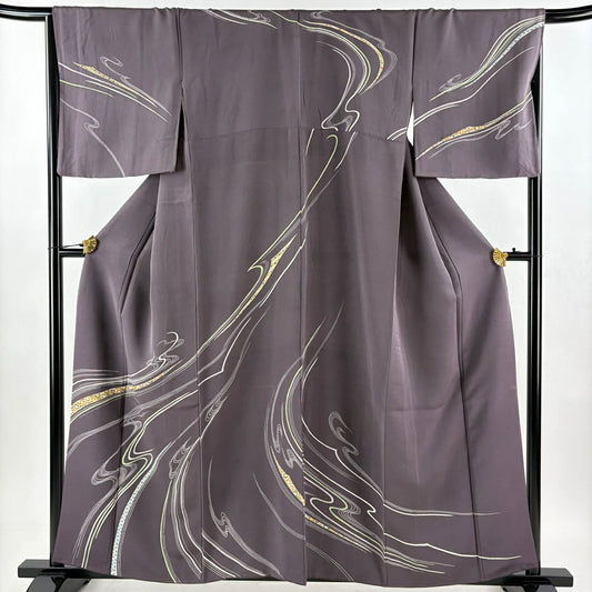 訪問服 身長160cm 袖長67.5cm L 雙層 流水花 金絲 金銀彩 灰紫 純蠶絲 秀品級