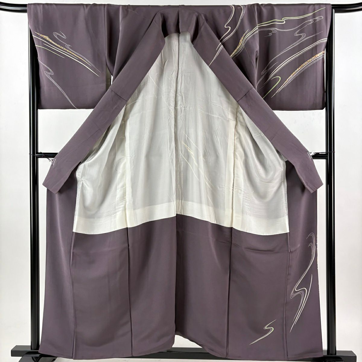 訪問服 身長160cm 袖長67.5cm L 雙層 流水花 金絲 金銀彩 灰紫 純蠶絲 秀品級