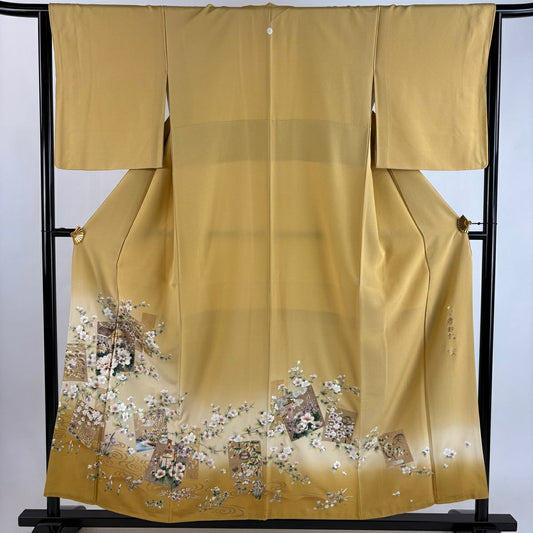 色留袖禮服 身長156cm 袖長64cm M 雙層 落款あり 色紙 草花紋紋 金彩裝飾 染分 からし色 純蠶絲 秀品級 一つ紋