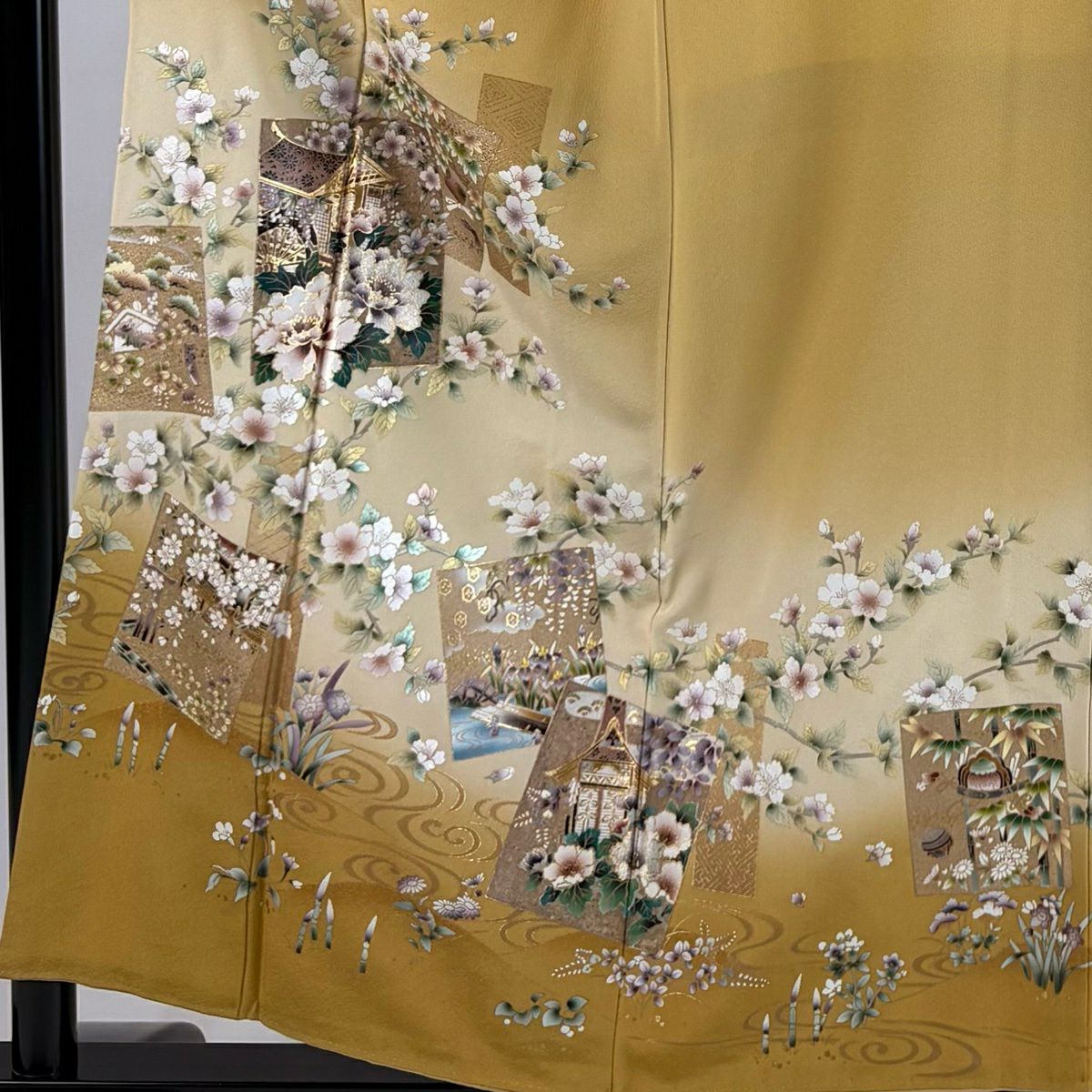 色留袖禮服 身長156cm 袖長64cm M 雙層 落款あり 色紙 草花紋紋 金彩裝飾 染分 からし色 純蠶絲 秀品級 一つ紋