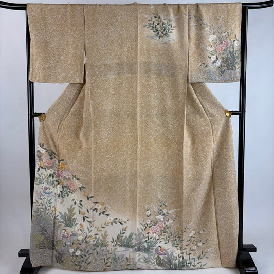 【美品】訪問服 身長169cm 袖長66.5cm M 雙層 草花紋紋 鴛鴦 薄茶 純蠶絲 秀品級