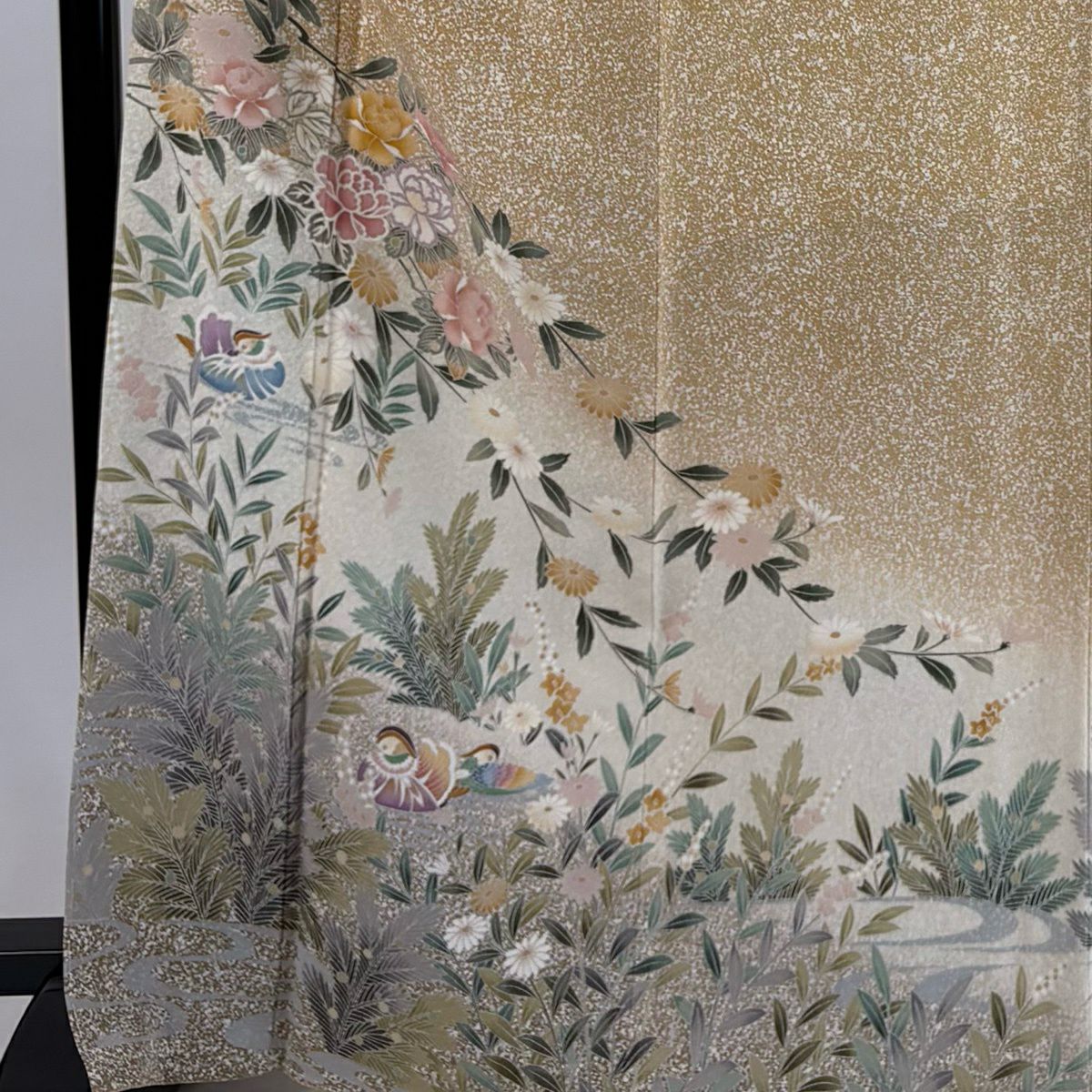 【美品】訪問服 身長169cm 袖長66.5cm M 雙層 草花紋紋 鴛鴦 薄茶 純蠶絲 秀品級