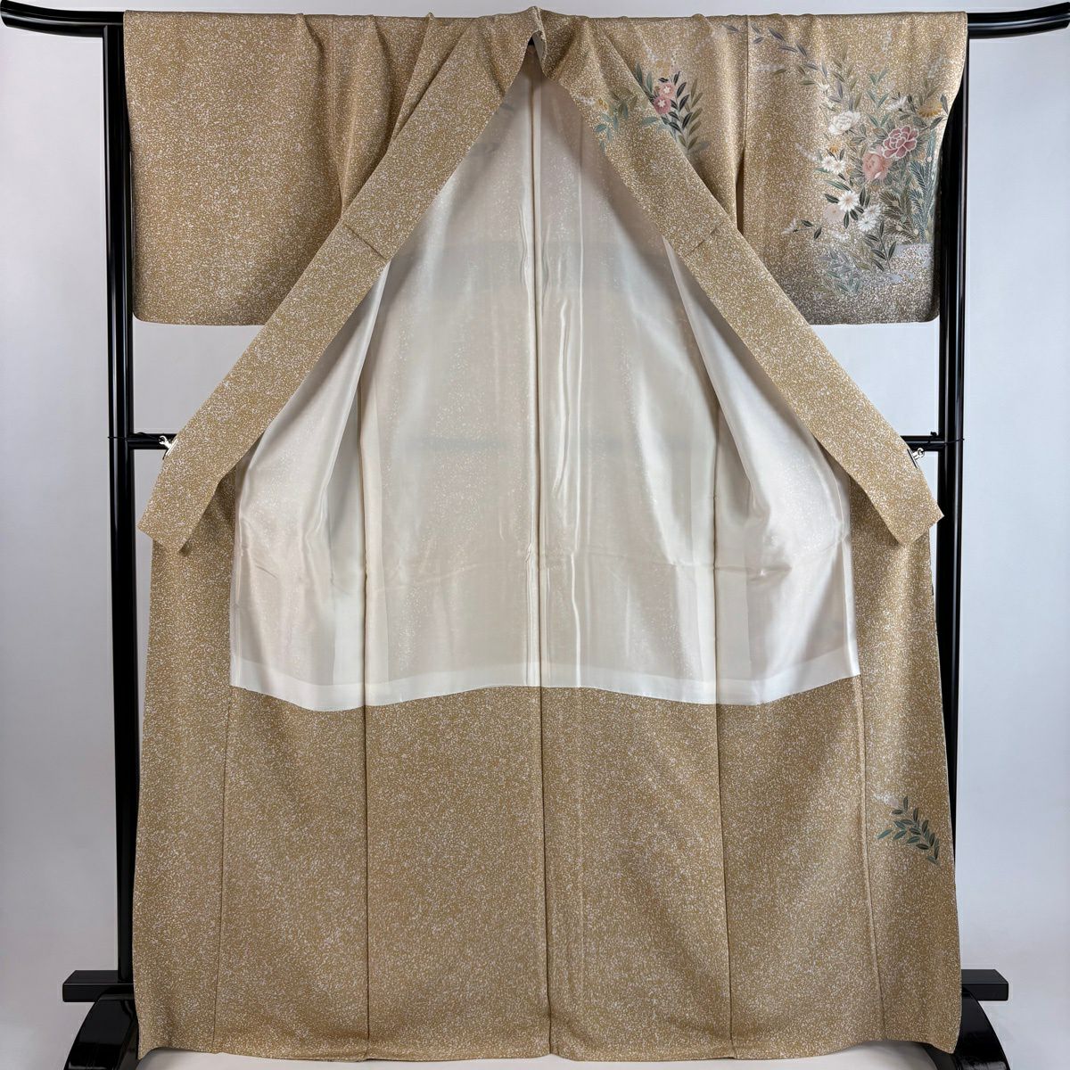 【美品】訪問服 身長169cm 袖長66.5cm M 雙層 草花紋紋 鴛鴦 薄茶 純蠶絲 秀品級
