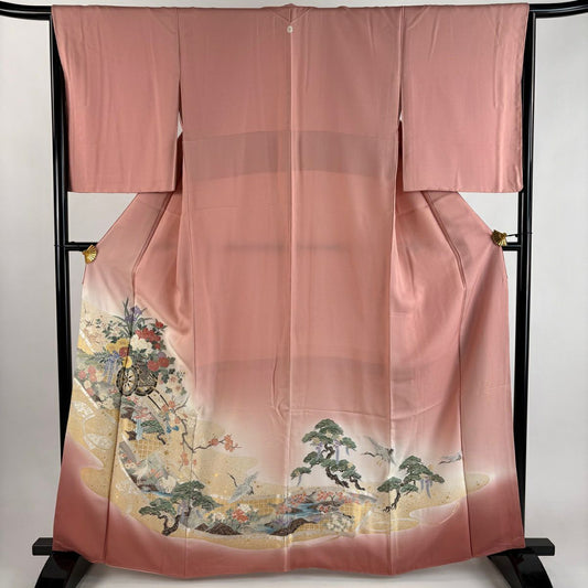 色留袖禮服 身長164.5cm 袖長64.5cm M 雙層 桃山百華 花車 卷物 金銀彩 漸層 粉紅 純蠶絲 優品級 一個紋