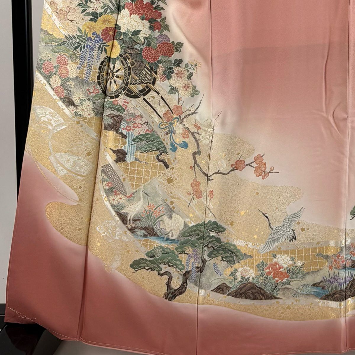 色留袖禮服 身長164.5cm 袖長64.5cm M 雙層 桃山百華 花車 卷物 金銀彩 漸層 粉紅 純蠶絲 優品級 一個紋