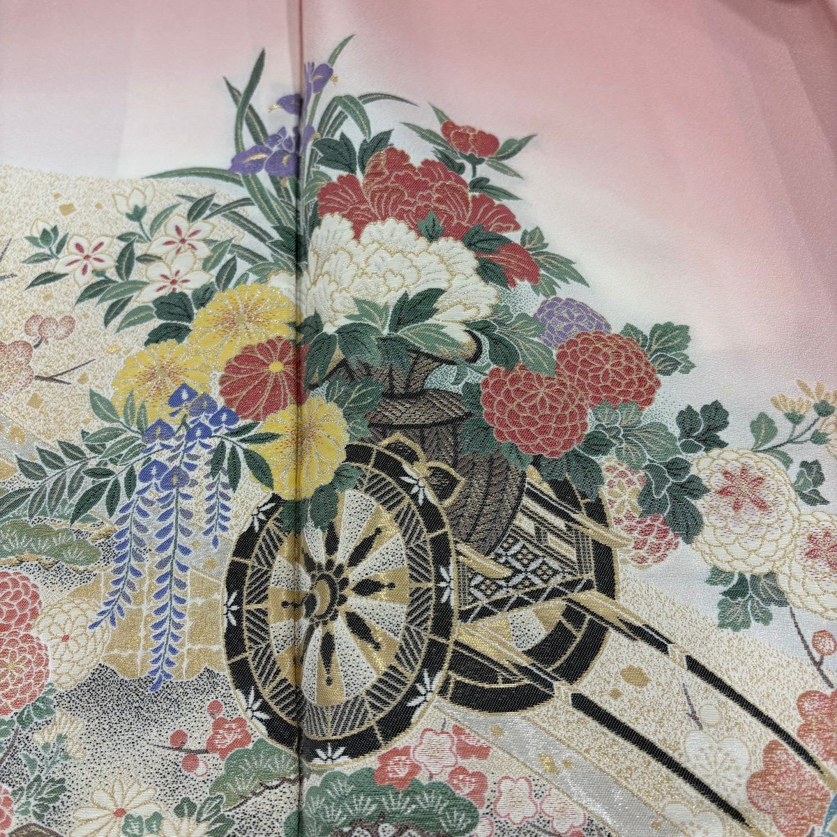 色留袖禮服 身長164.5cm 袖長64.5cm M 雙層 桃山百華 花車 卷物 金銀彩 漸層 粉紅 純蠶絲 優品級 一個紋
