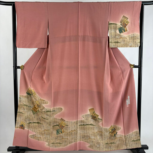 付下 身長159cm 袖長64cm M 雙層 樽本伊勢蔵 有落款 かるた 文字文 金銀彩 漸層 粉紅 純蠶絲 優品級