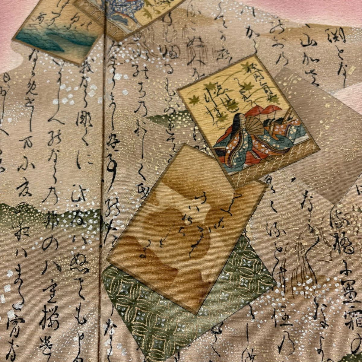 付下 身長159cm 袖長64cm M 雙層 樽本伊勢蔵 有落款 かるた 文字文 金銀彩 漸層 粉紅 純蠶絲 優品級