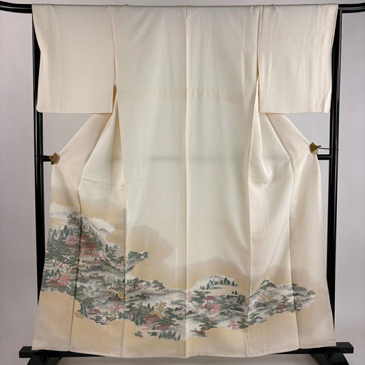 色留袖禮服 身長162cm 袖長66cm M 雙層 伊勢物語 建築 樹木 金通し 漸層 米色 純蠶絲 優品級
