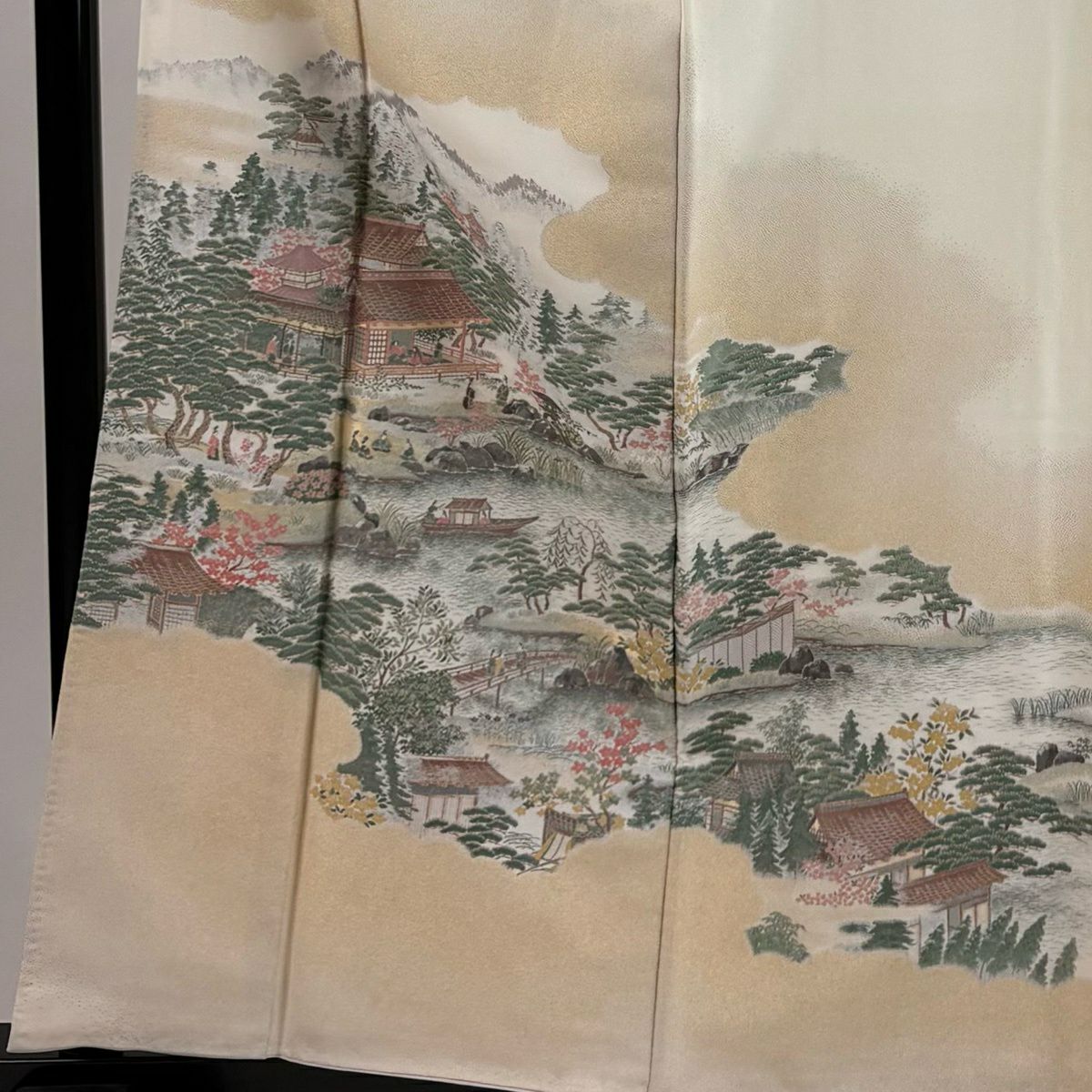 色留袖禮服 身長162cm 袖長66cm M 雙層 伊勢物語 建築 樹木 金通し 漸層 米色 純蠶絲 優品級