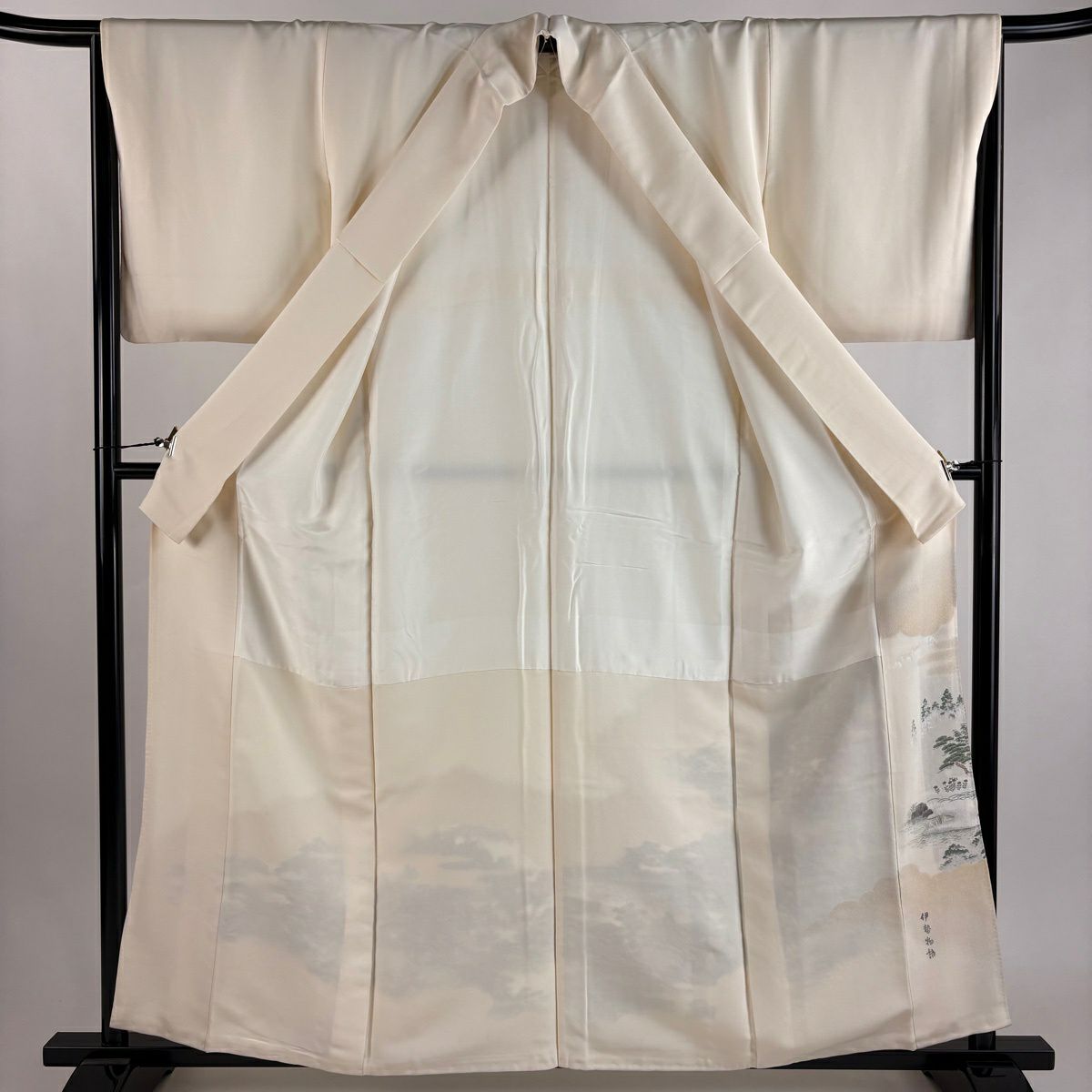色留袖禮服 身長162cm 袖長66cm M 雙層 伊勢物語 建築 樹木 金通し 漸層 米色 純蠶絲 優品級
