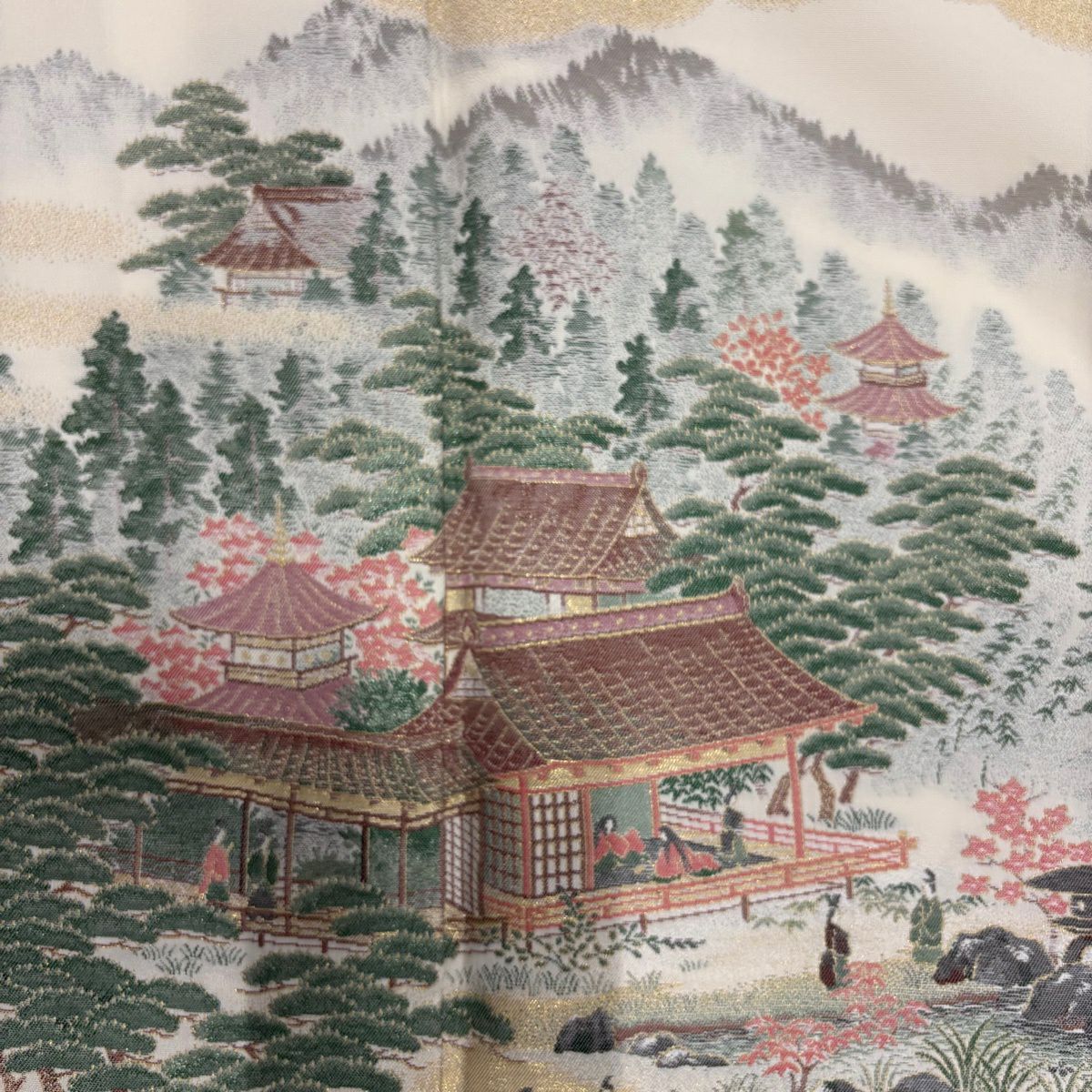 色留袖禮服 身長162cm 袖長66cm M 雙層 伊勢物語 建築 樹木 金通し 漸層 米色 純蠶絲 優品級