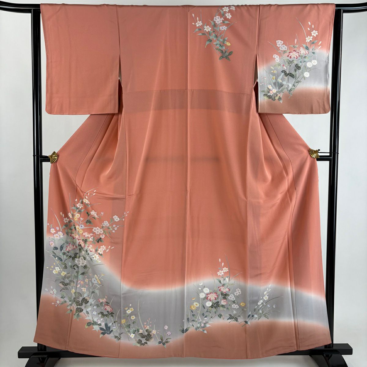 訪問服 身長161cm 袖長63cm S 雙層 草花紋紋 染分 逐漸色漸變 鮭粉色 純蠶絲 優品級