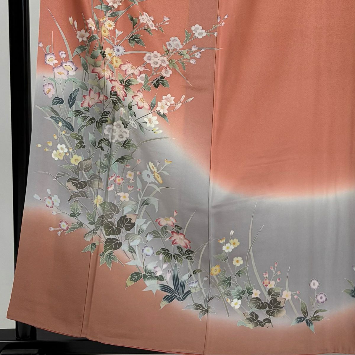 訪問服 身長161cm 袖長63cm S 雙層 草花紋紋 染分 逐漸色漸變 鮭粉色 純蠶絲 優品級