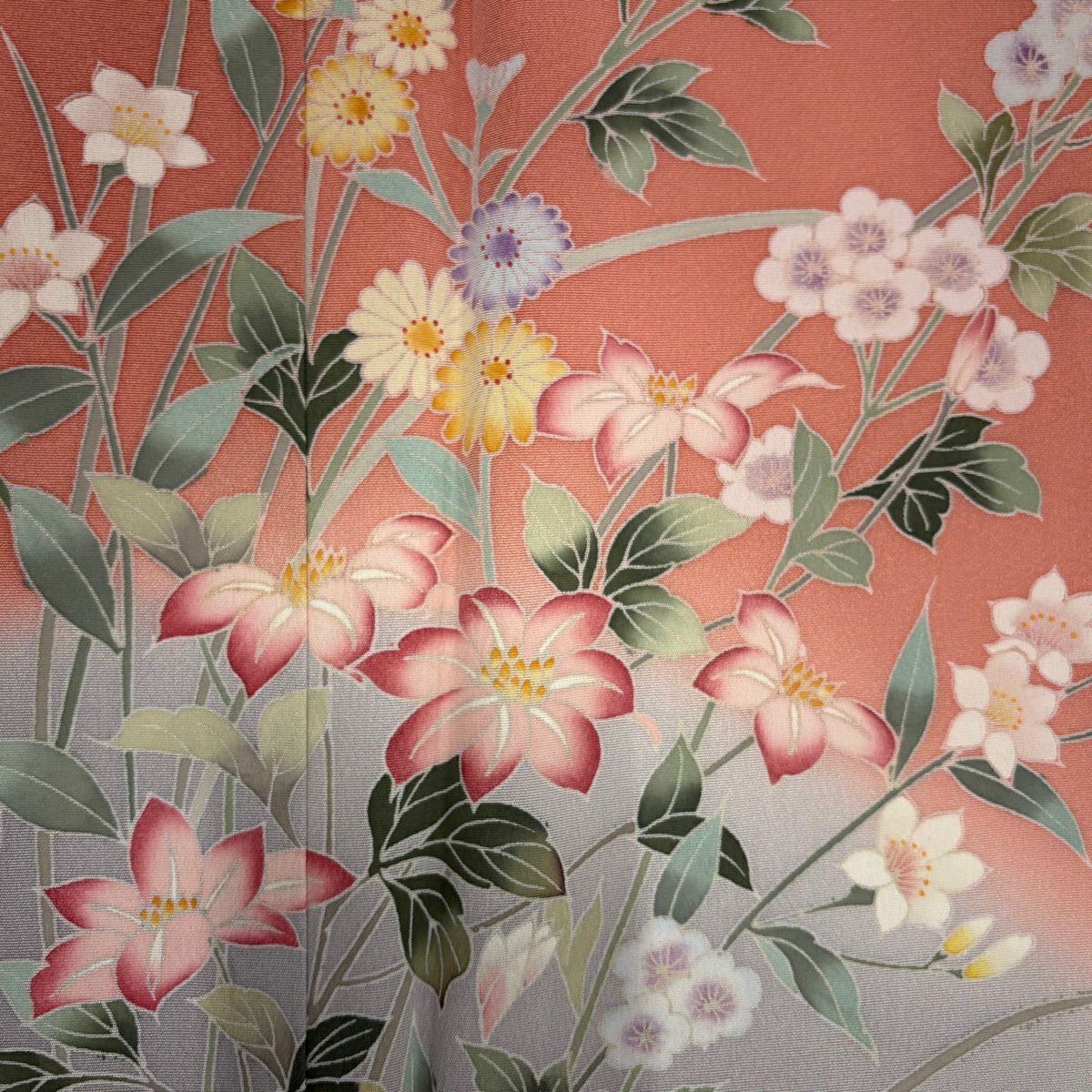 訪問服 身長161cm 袖長63cm S 雙層 草花紋紋 染分 逐漸色漸變 鮭粉色 純蠶絲 優品級
