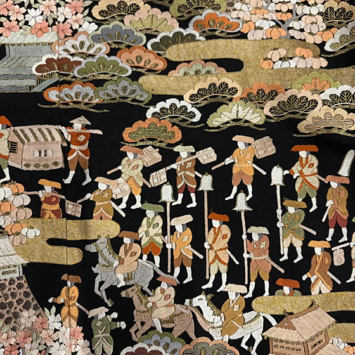 黑留袖禮服 身長157.5cm 袖長63cm S 雙層 落款有 人物 枝花 金糸 刺繡 黑 純蠶絲 優品級