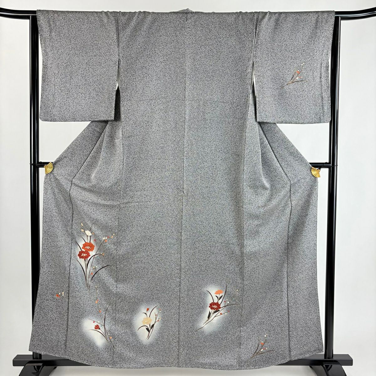 【美品】 付下 身長160.5cm 袖長65cm M 雙層 草花紋紋 金彩裝飾 漸層 黑灰 純蠶絲 優品級
