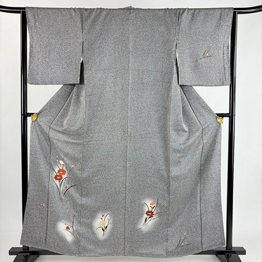 【美品】 付下 身長160.5cm 袖長65cm M 雙層 草花紋紋 金彩裝飾 漸層 黑灰 純蠶絲 優品級