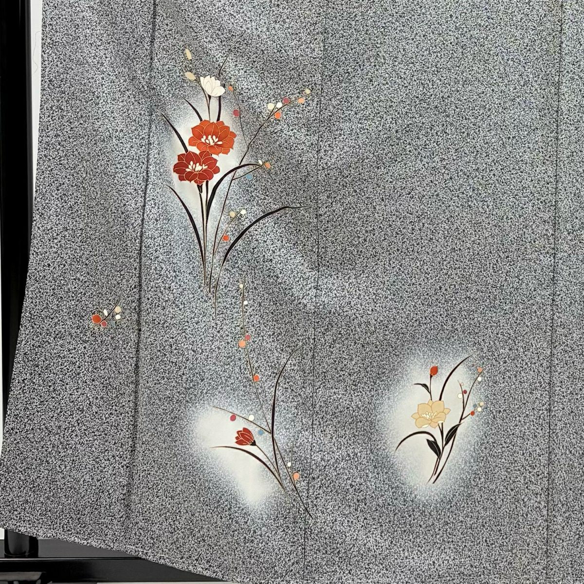 【美品】 付下 身長160.5cm 袖長65cm M 雙層 草花紋紋 金彩裝飾 漸層 黑灰 純蠶絲 優品級