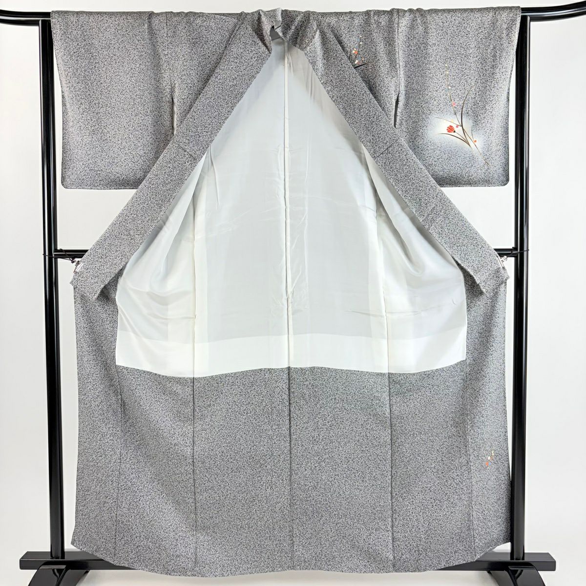 【美品】 付下 身長160.5cm 袖長65cm M 雙層 草花紋紋 金彩裝飾 漸層 黑灰 純蠶絲 優品級