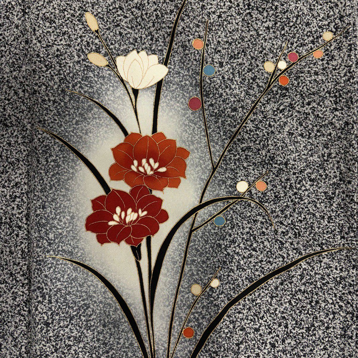 【美品】 付下 身長160.5cm 袖長65cm M 雙層 草花紋紋 金彩裝飾 漸層 黑灰 純蠶絲 優品級