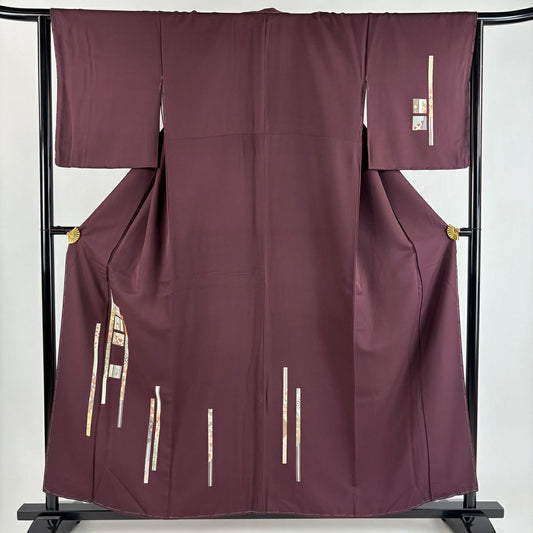 付下 身長158cm 袖長64cm M 雙層 熨斗紋 草花紋紋 金絲 金銀彩 紫 純蠶絲 優品級