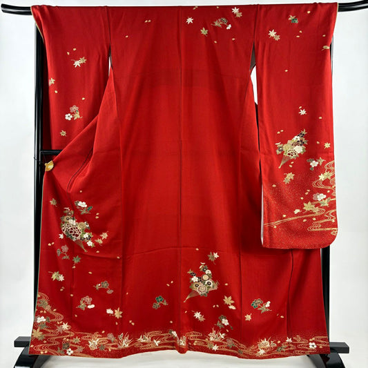 【美品】振袖禮服 身長162.5cm 袖長69cm L 雙層 鈴乃屋 花扇子 櫻花 金銀彩 紅 純蠶絲 秀品級