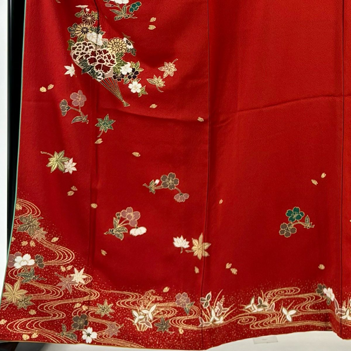 【美品】振袖禮服 身長162.5cm 袖長69cm L 雙層 鈴乃屋 花扇子 櫻花 金銀彩 紅 純蠶絲 秀品級