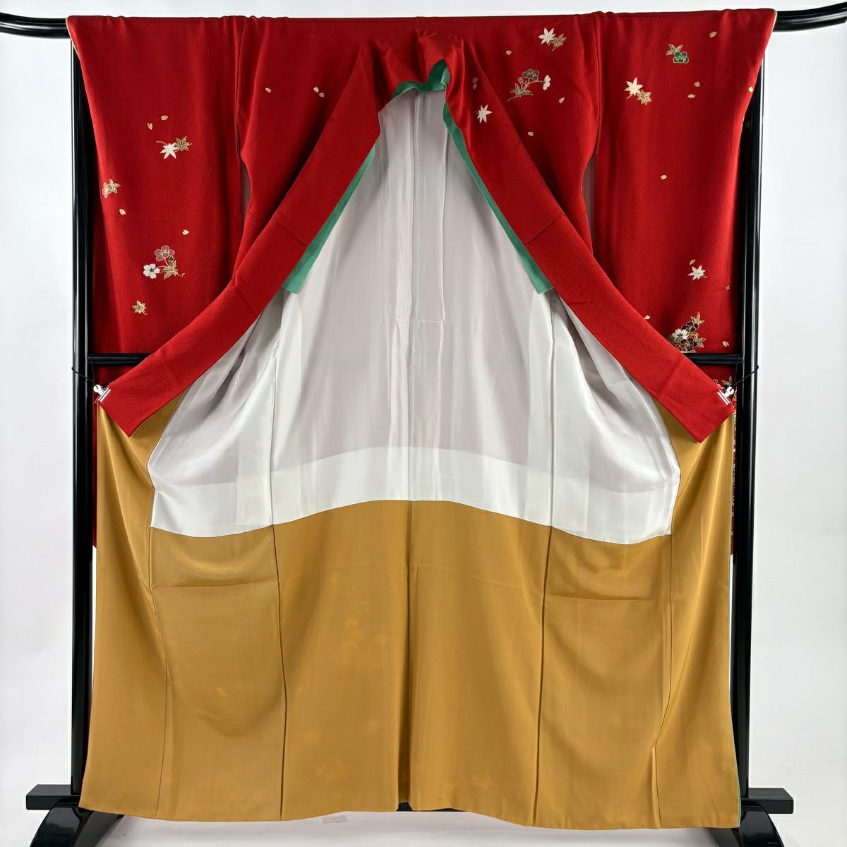 【美品】振袖禮服 身長162.5cm 袖長69cm L 雙層 鈴乃屋 花扇子 櫻花 金銀彩 紅 純蠶絲 秀品級