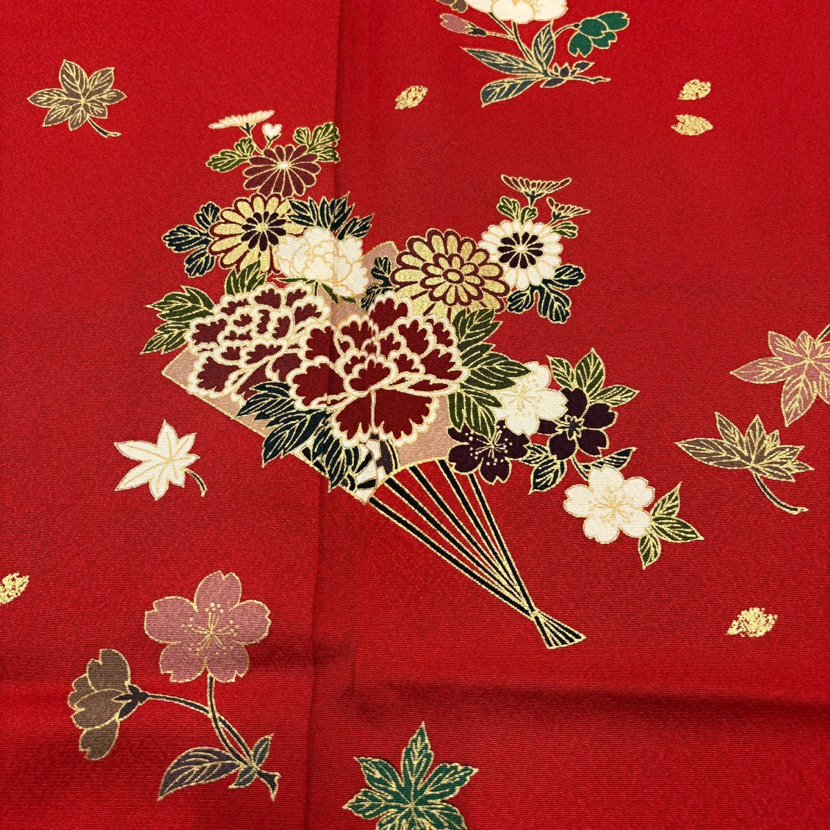 【美品】振袖禮服 身長162.5cm 袖長69cm L 雙層 鈴乃屋 花扇子 櫻花 金銀彩 紅 純蠶絲 秀品級