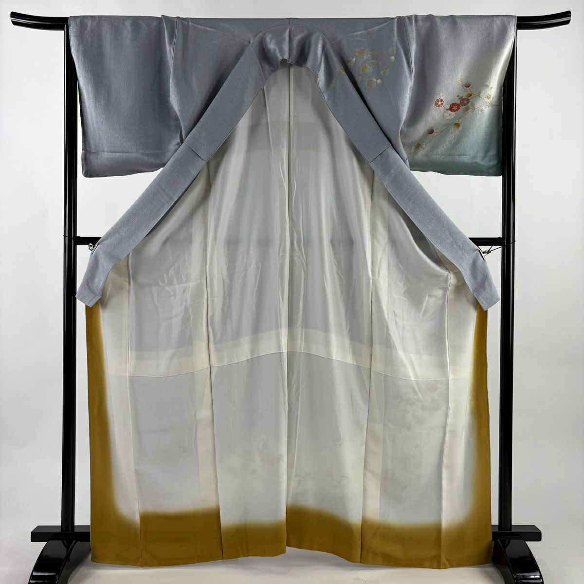 訪問服 身長166.5cm 袖長66cm M 雙層 菊花 橘 金銀彩 漸層 灰 純蠶絲 秀品級
