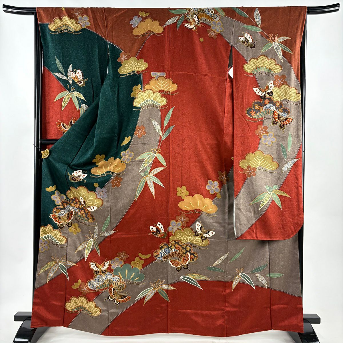振袖禮服 身長163.5cm 袖長65cm M 雙層 蝶 松樹竹子梅花 金絲 金銀彩 深綠 純蠶絲 秀品級