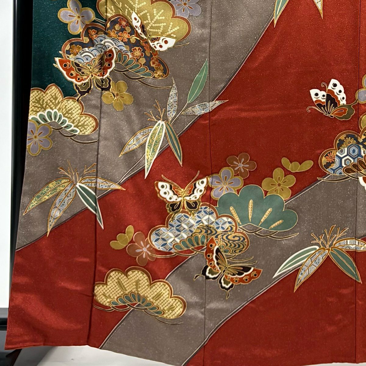 振袖禮服 身長163.5cm 袖長65cm M 雙層 蝶 松樹竹子梅花 金絲 金銀彩 深綠 純蠶絲 秀品級