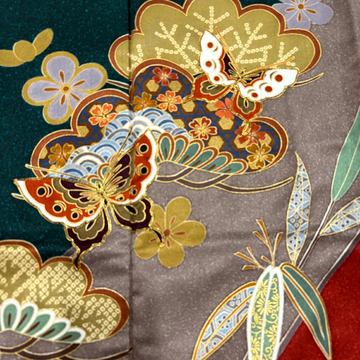 振袖禮服 身長163.5cm 袖長65cm M 雙層 蝶 松樹竹子梅花 金絲 金銀彩 深綠 純蠶絲 秀品級