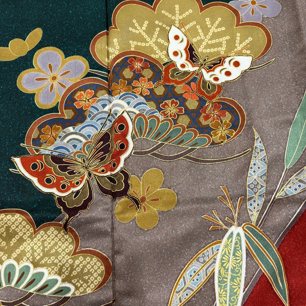 振袖禮服 身長163.5cm 袖長65cm M 雙層 蝶 松樹竹子梅花 金絲 金銀彩 深綠 純蠶絲 秀品級