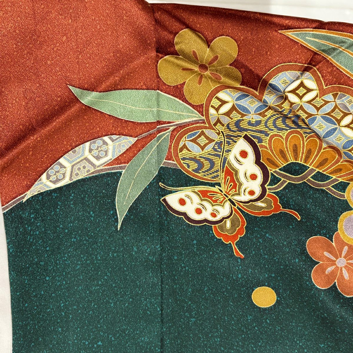 振袖禮服 身長163.5cm 袖長65cm M 雙層 蝶 松樹竹子梅花 金絲 金銀彩 深綠 純蠶絲 秀品級