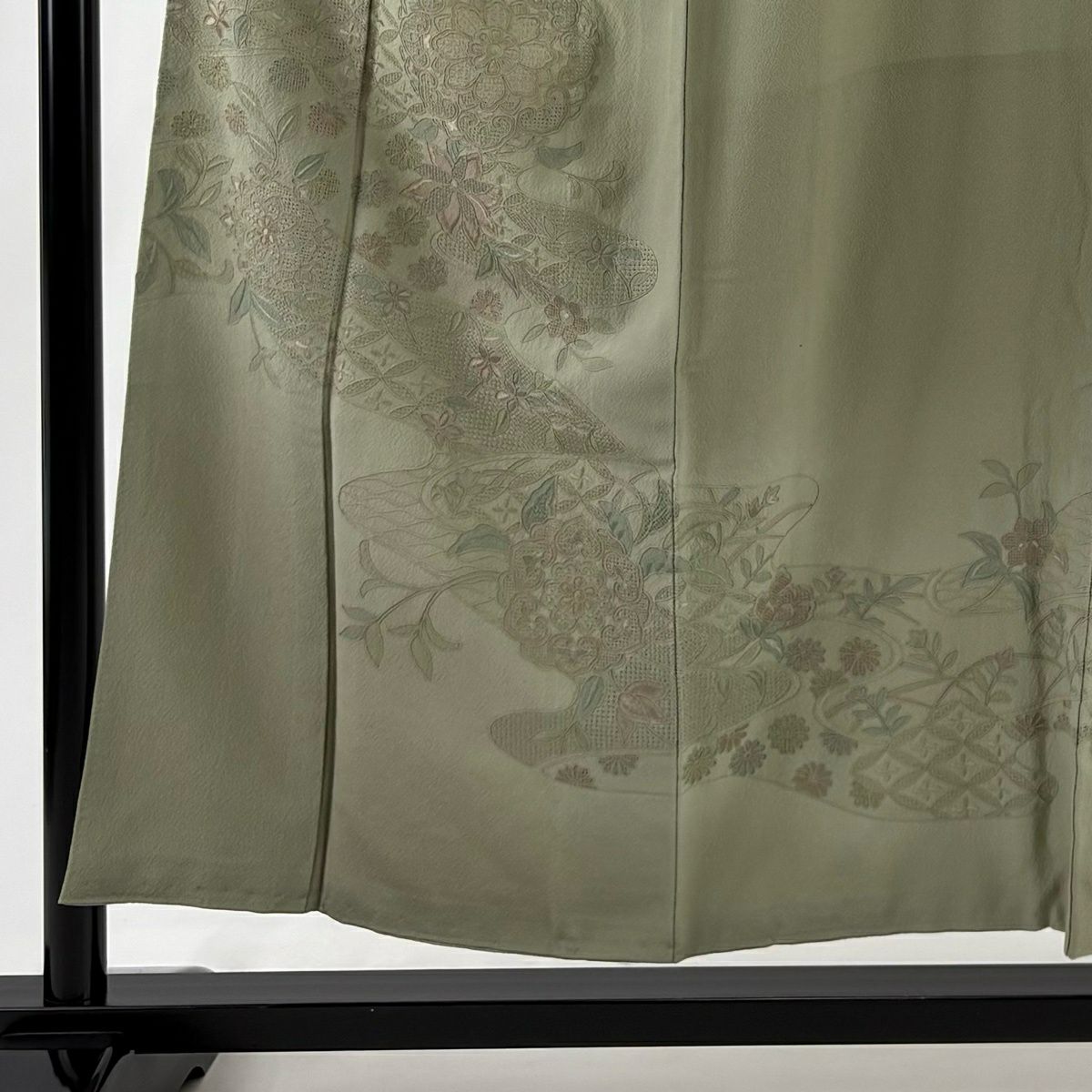 付下 身長154cm 袖長64.5cm M 雙層 華紋 刺繡 漸層 灰綠 純蠶絲 優品級