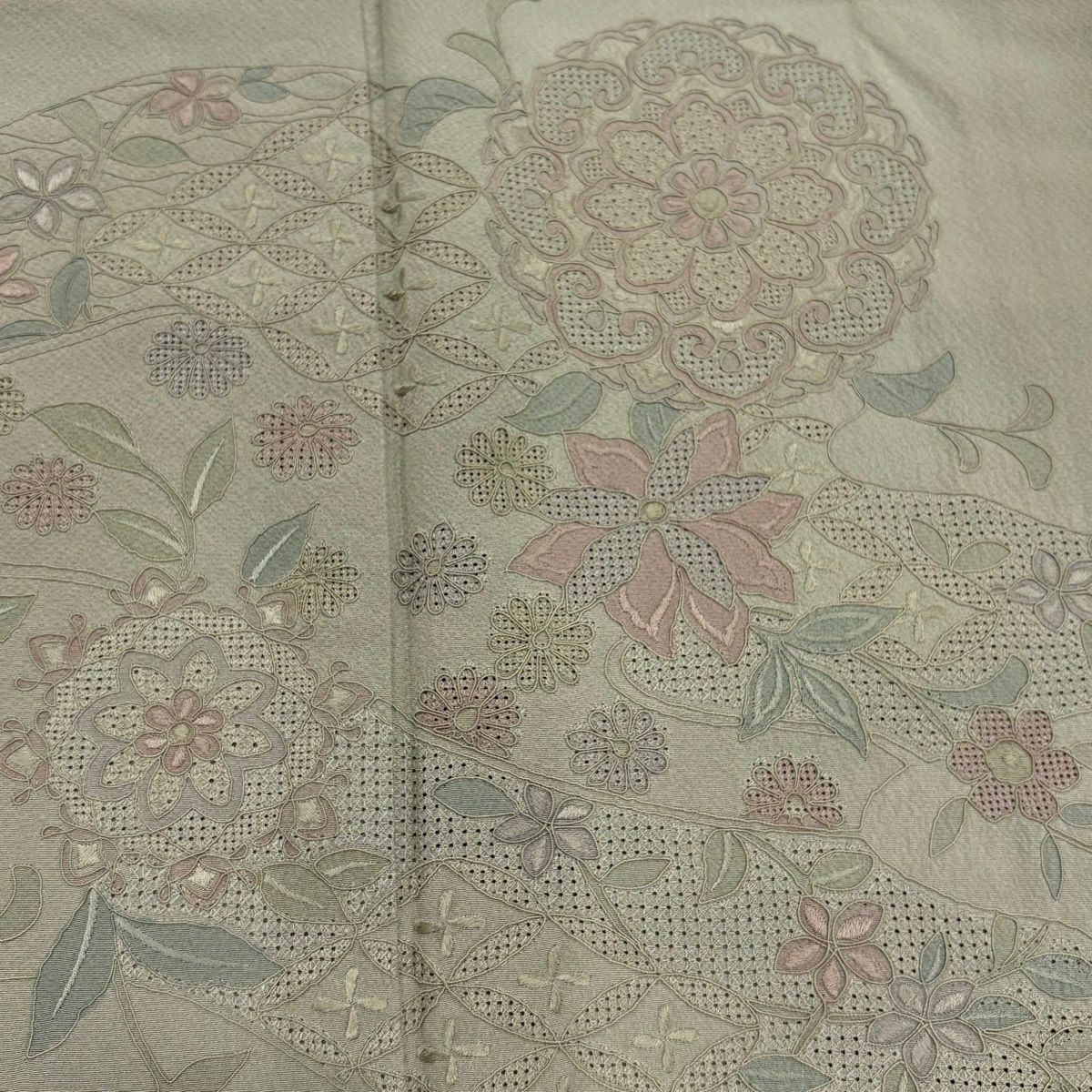 付下 身長154cm 袖長64.5cm M 雙層 華紋 刺繡 漸層 灰綠 純蠶絲 優品級
