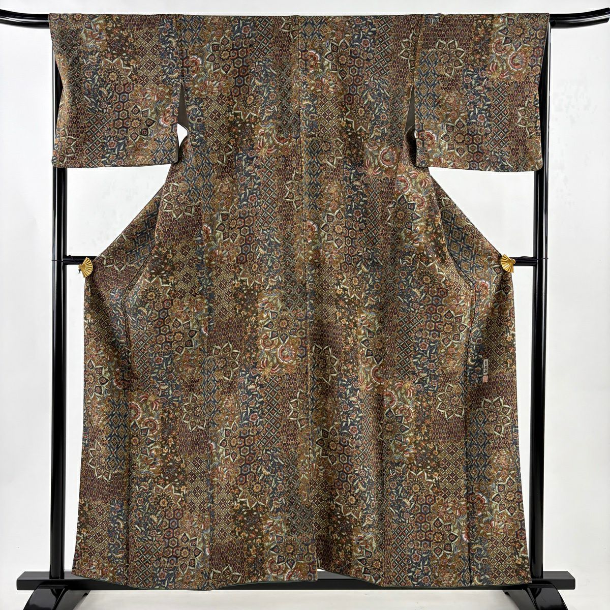 【美品】 小紋 身長157.5cm 袖長66.5cm M 雙層 二代目 更甚 落款あり 更紗 華紋 茶 純蠶絲 秀品級