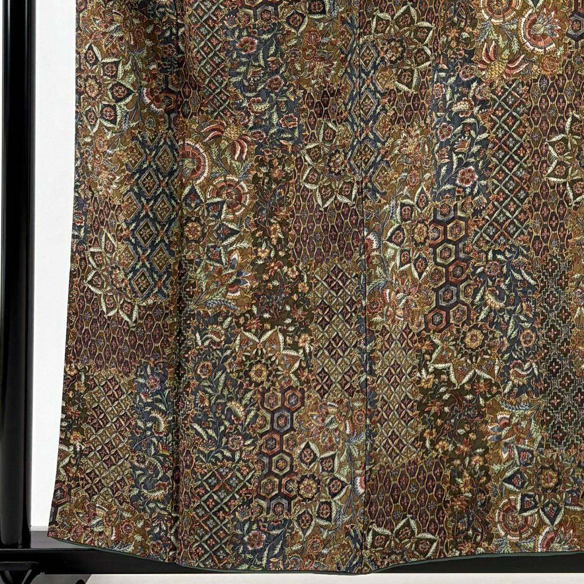 【美品】 小紋 身長157.5cm 袖長66.5cm M 雙層 二代目 更甚 落款あり 更紗 華紋 茶 純蠶絲 秀品級