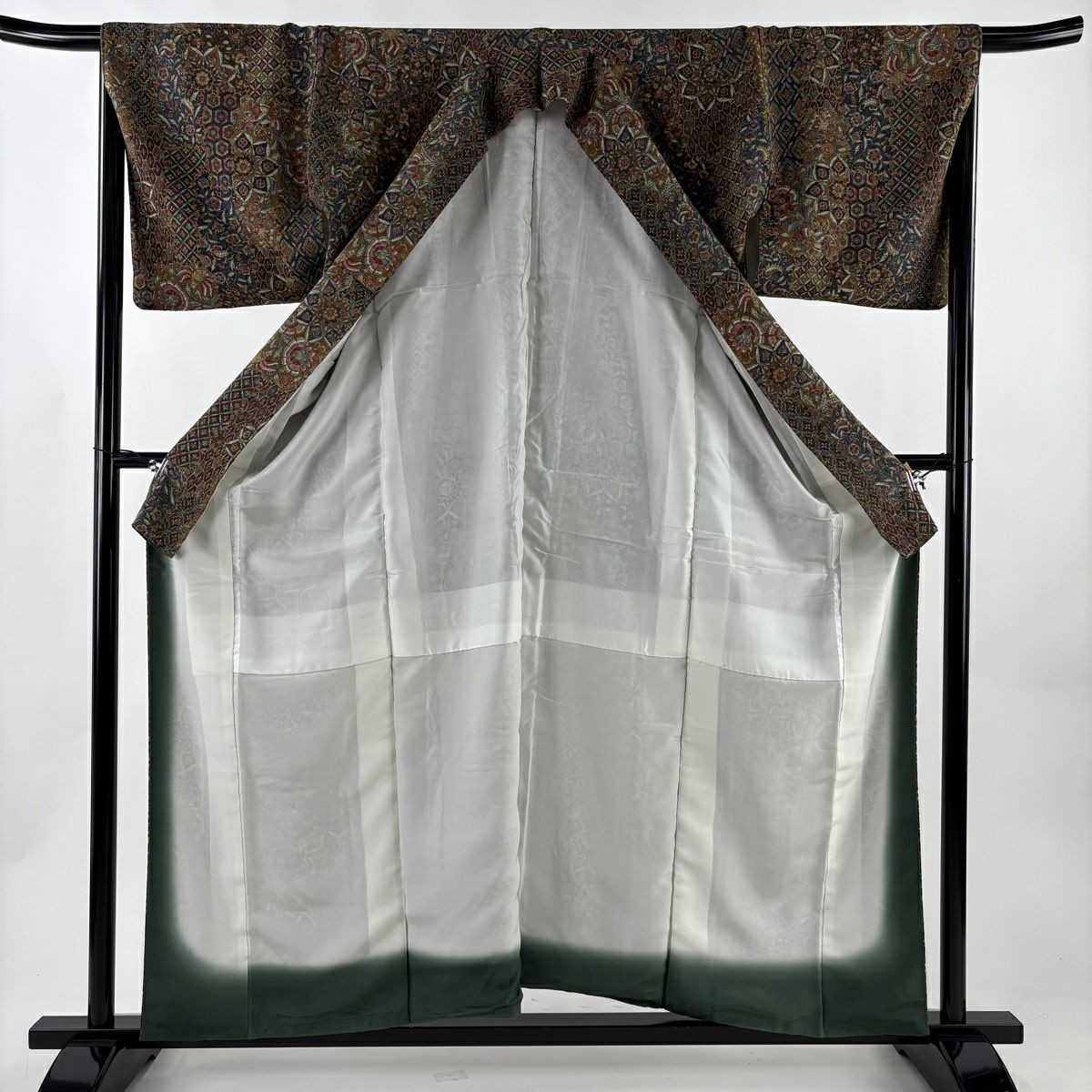 【美品】 小紋 身長157.5cm 袖長66.5cm M 雙層 二代目 更甚 落款あり 更紗 華紋 茶 純蠶絲 秀品級