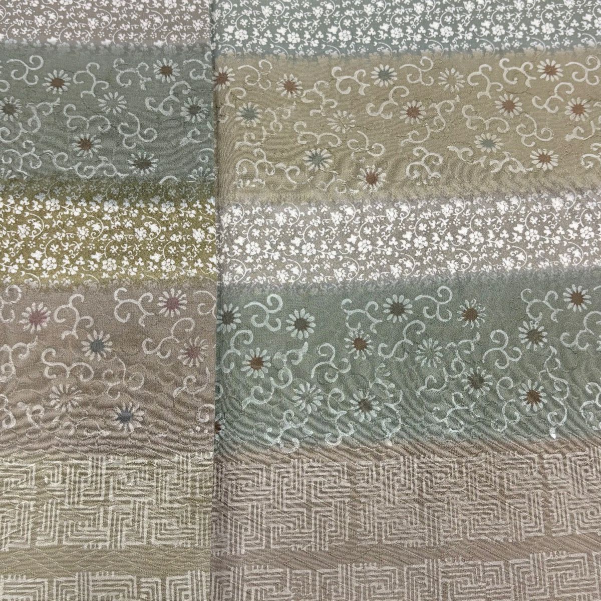 【美品】 小紋 身長157cm 袖長65.5cm M 雙層 花唐草紋 菱 逐漸變色 灰綠 純蠶絲 秀品級