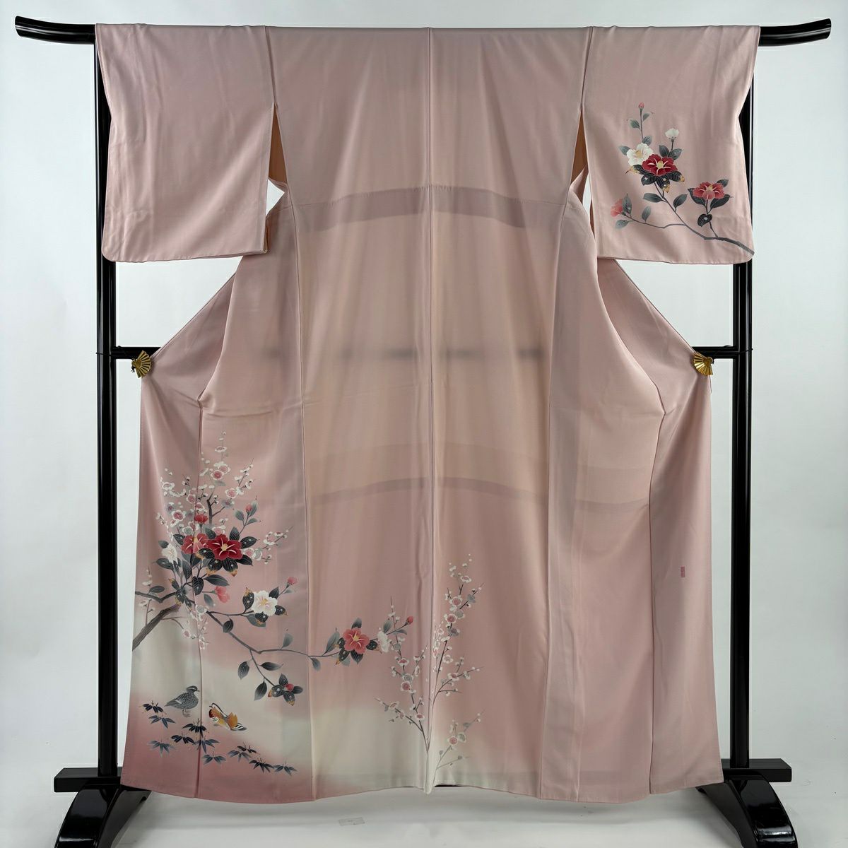 【美品】訪問服 身長160.5cm 袖長67.5cm L 雙層 落款あり 椿 枝梅花 漸層 粉色 純蠶絲 秀品級