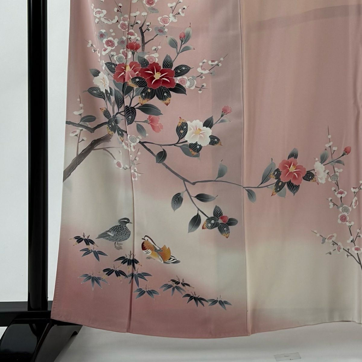 【美品】訪問服 身長160.5cm 袖長67.5cm L 雙層 落款あり 椿 枝梅花 漸層 粉色 純蠶絲 秀品級