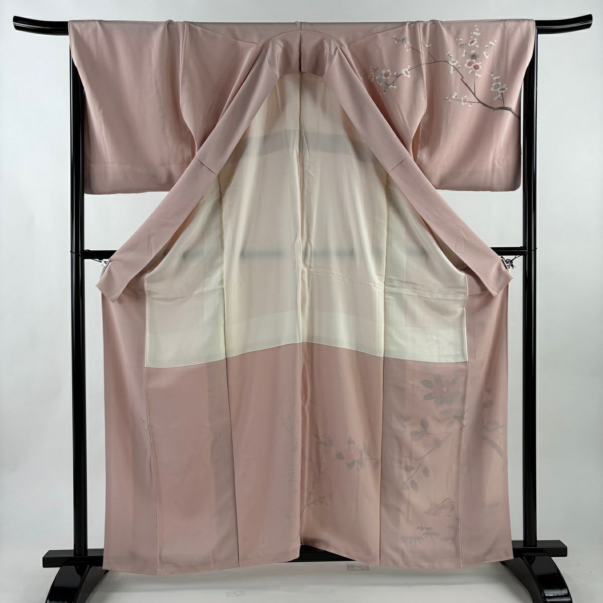 【美品】訪問服 身長160.5cm 袖長67.5cm L 雙層 落款あり 椿 枝梅花 漸層 粉色 純蠶絲 秀品級